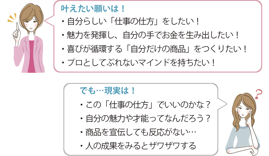 叶えたい願いは!・自分らしい「仕事の仕方」をしたい!・魅力を発揮し、自分の手でお金を生み出したい!・喜びが循環する「自分だけの商品」をつくりたい!・プロとしてぶれないマインドを持ちたい! でも…現実は!・この「仕事の仕方」でいいのかな?・自分の魅力や才能ってなんだろう?・商品を宣伝しても反応がない…・人の成果をみるとザワザワする